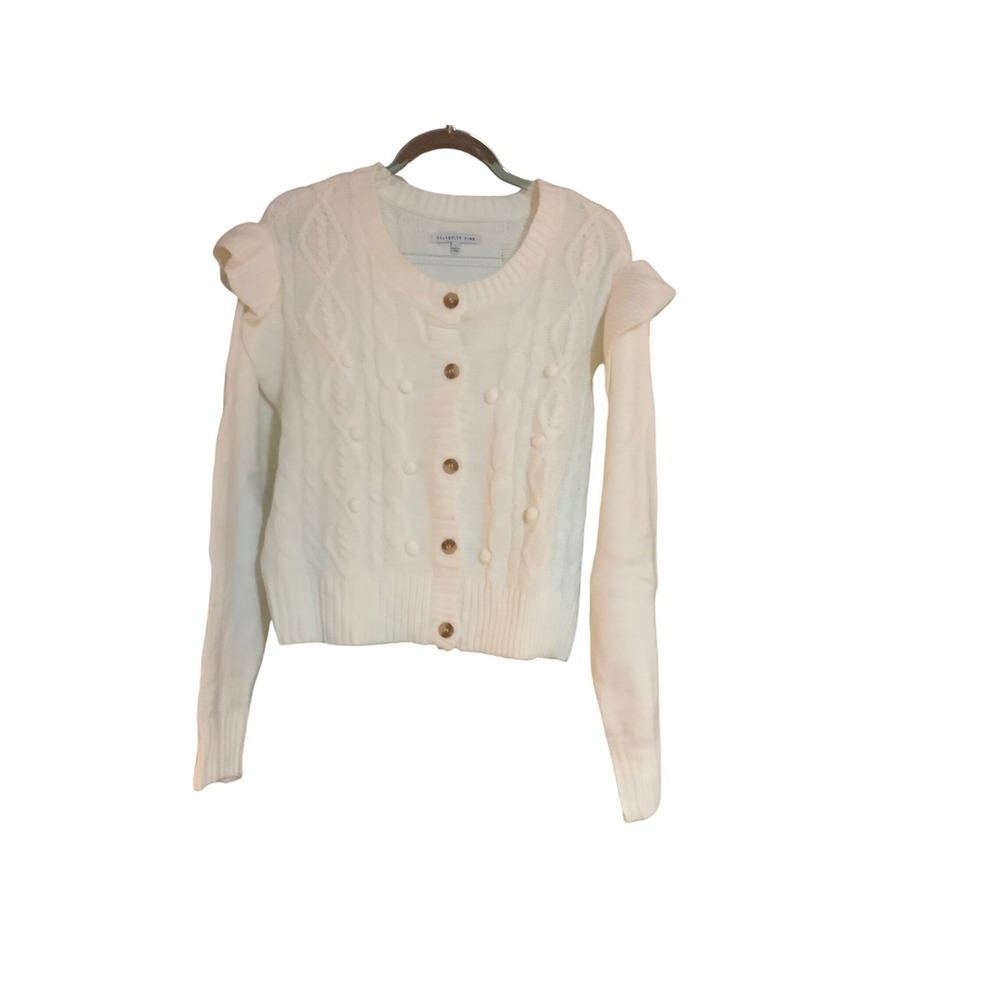 Celebrity Pink Womens Cable Knit Ruffle Pom Pom Cardigan Sweater White Large